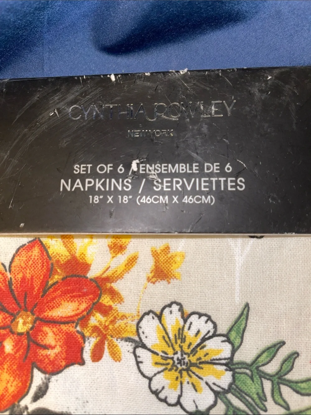 Cynthia Rowley Set of 6 Cream Napkins with Black Skulls and Orange Floral Print
